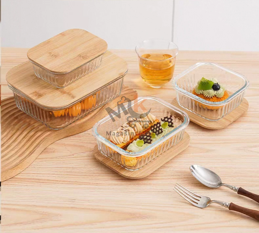 Set de 3 boîtes en verre avec couvercle en bois