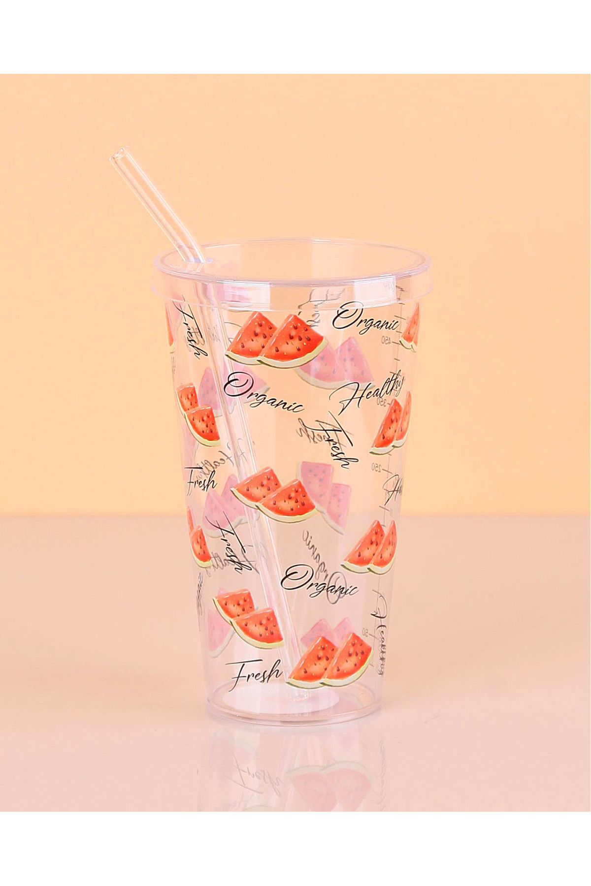 Mug avec couvercle en plexi  motif fruit avec paille en verre 550ml