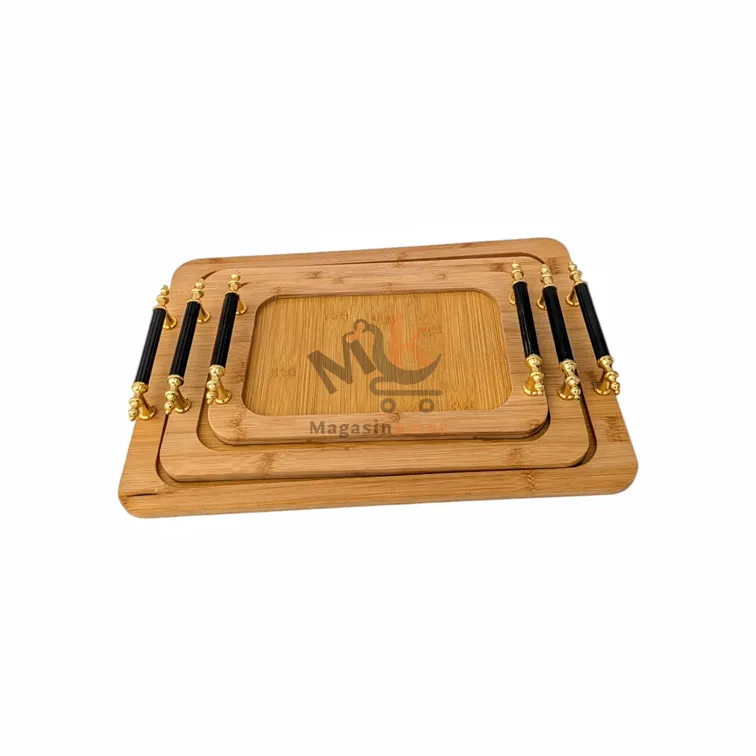 Lot de 3 Plateau rectangulaire en bois avec manche en métal