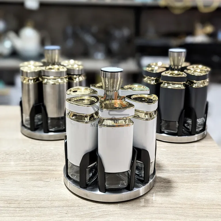 Porte épice rotative en verre avec support métallique